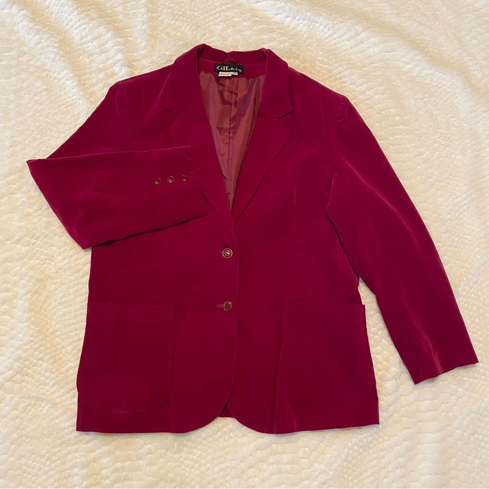 VTG 100% Cotton Velvet Blazer Jacket Women L Maroon Career Classic Money Church
